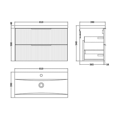 [BFFF895A] Tixall Fluted Front Wall Hung Vanity Basin Unit with Choice of Size, Colour and Handle Options - Technical Drawing