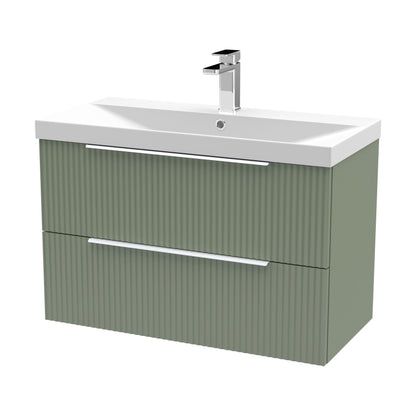 [BFFF895D] Tixall Fluted 2 Drawer Wall Hung Vanity Unit with Thin Edge Basin, Satin Green, 800mm - Cutout