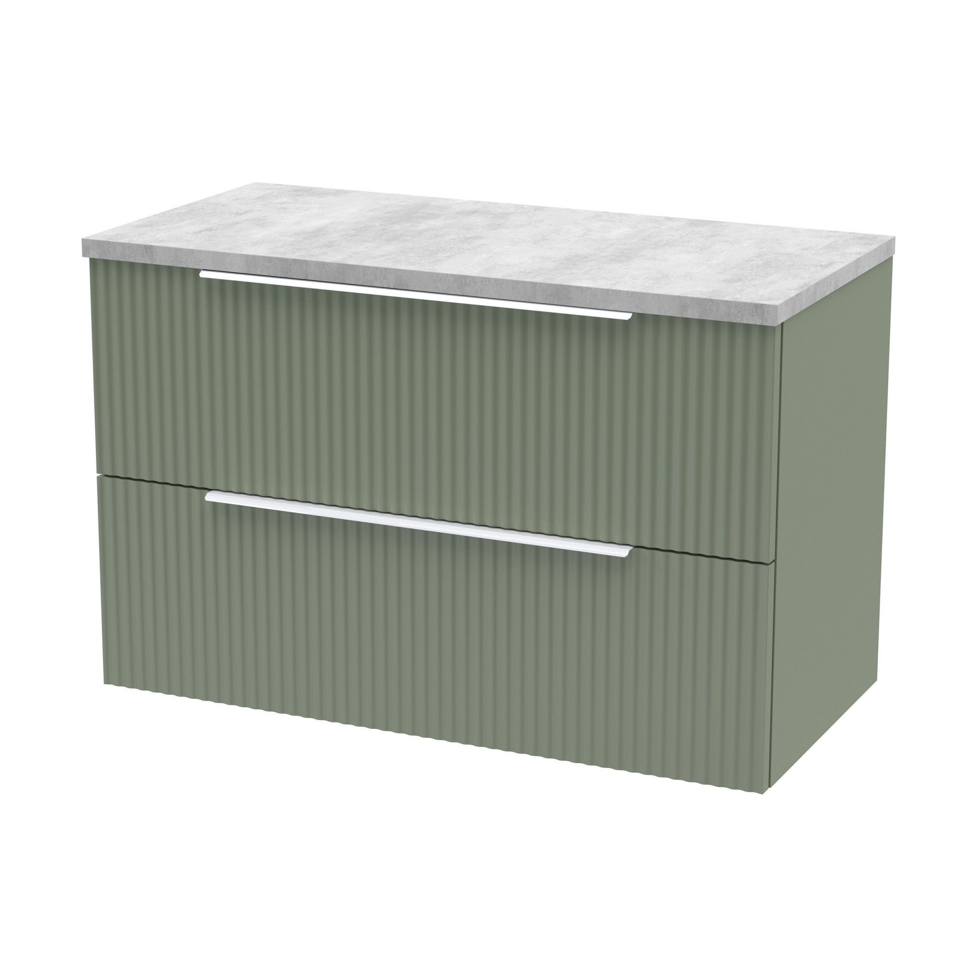 [BFFF895LBG] Tixall Fluted 2 Drawer Wall Hung Vanity Unit with Laminate Worktop, Satin Green, 800mm - Cutout