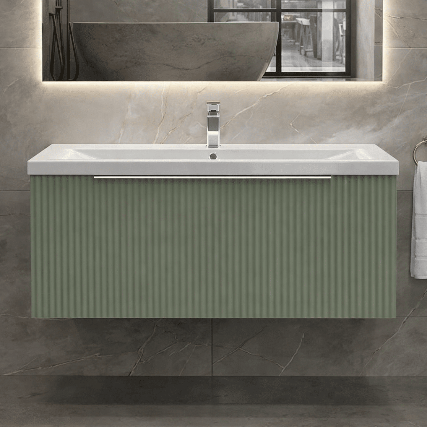 [BFFF896A] Tixall Fluted Front Wall Hung Vanity Basin Unit with Choice of Size, Colour and Handle Options - Silo