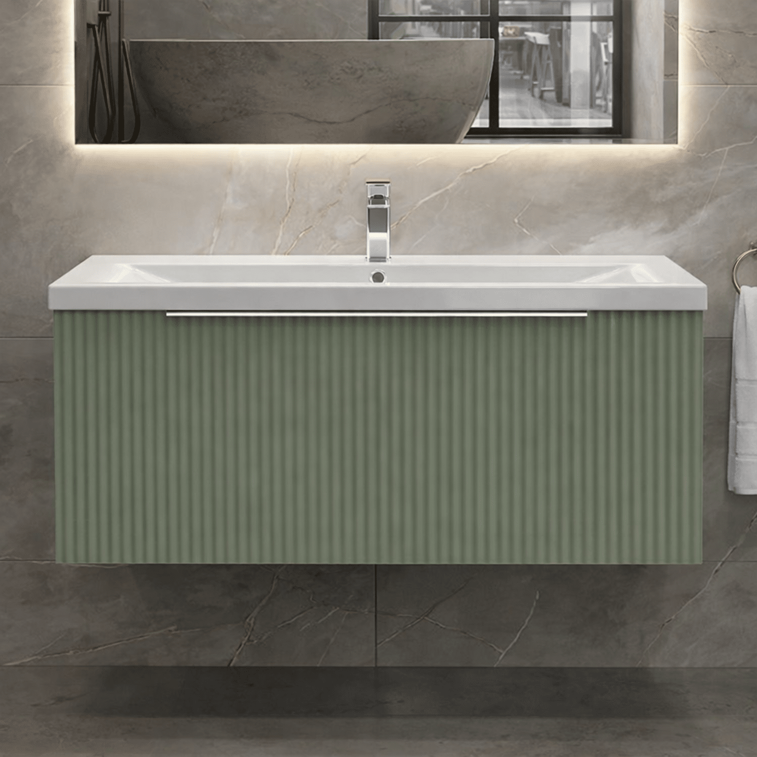 [BFFF896A] Tixall Fluted Front Wall Hung Vanity Basin Unit with Choice of Size, Colour and Handle Options - Silo