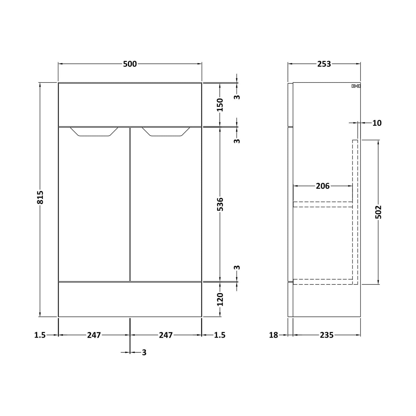[BFFFA105] 500 Vanity Unit (235) Handless - Technical Drawing