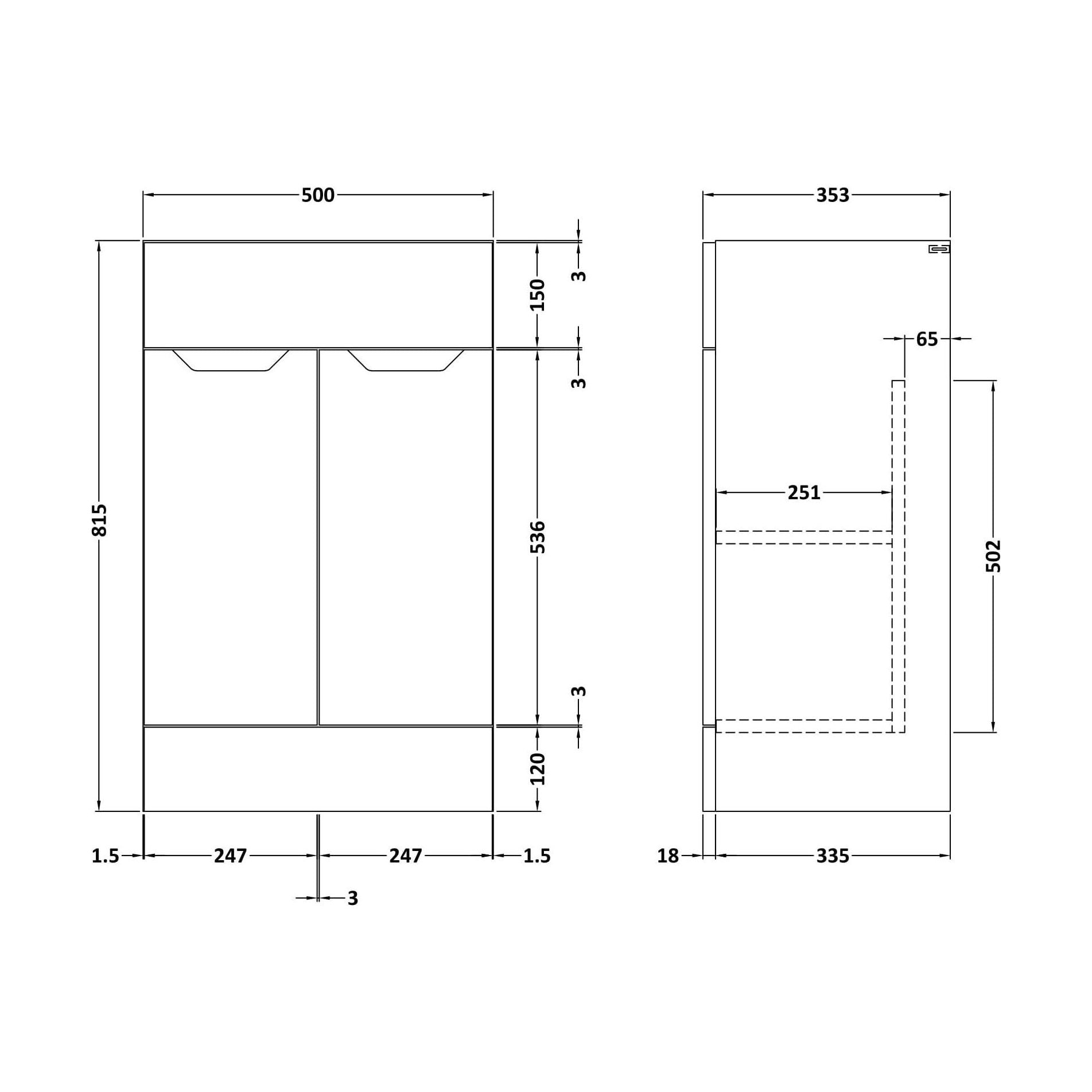 [BFFFA106] 500 Vanity Unit (335) Handless - Technical Drawing