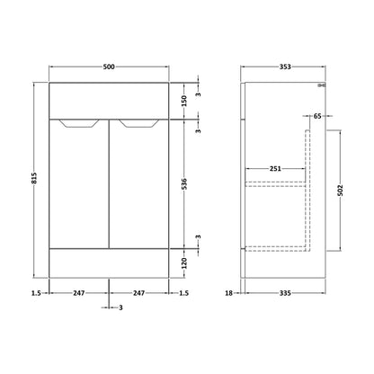 [BFFFA106] 500 Vanity Unit (335) Handless - Technical Drawing