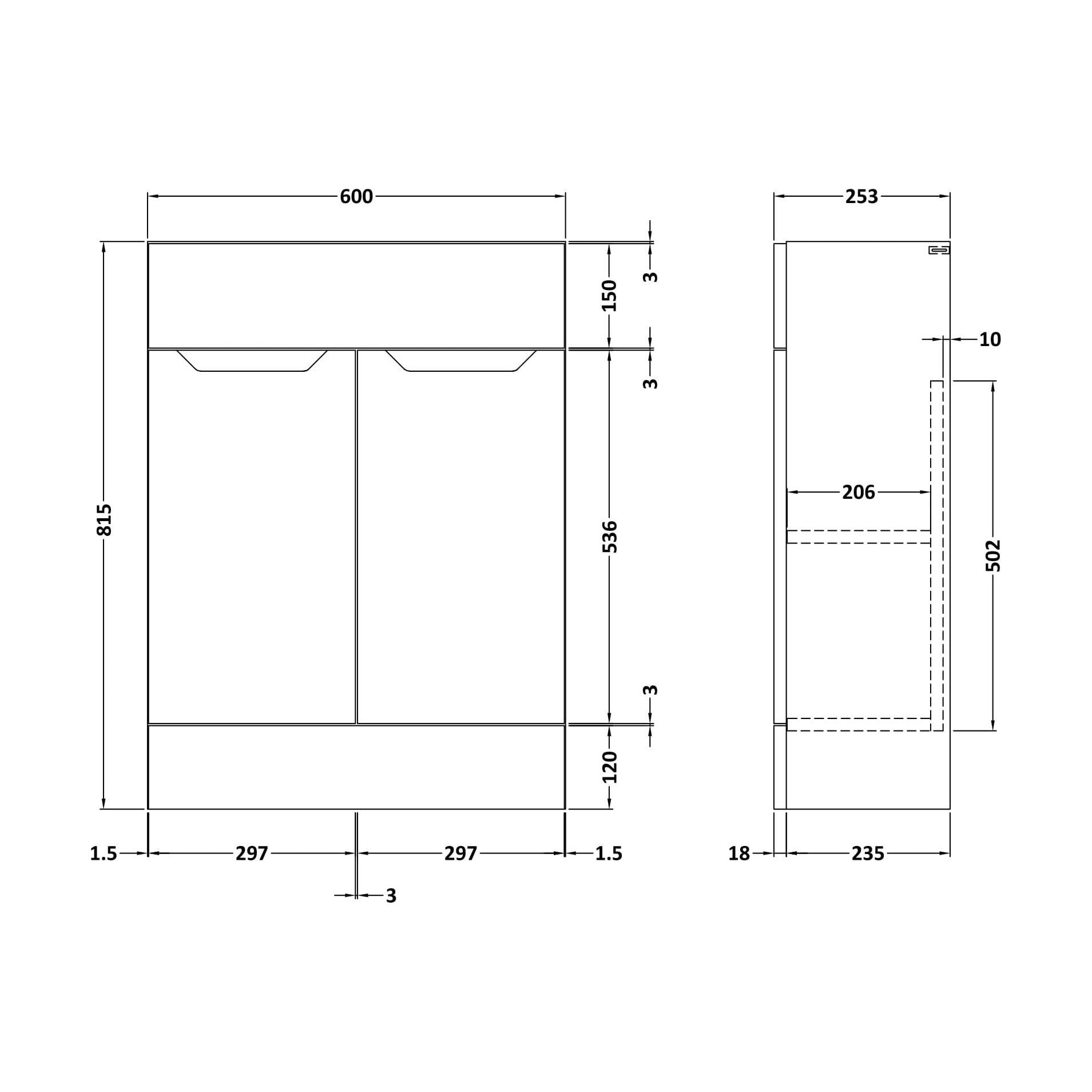 [BFFFA107] 600 VANITY UNIT (235) HANDLESS - Technical Drawing