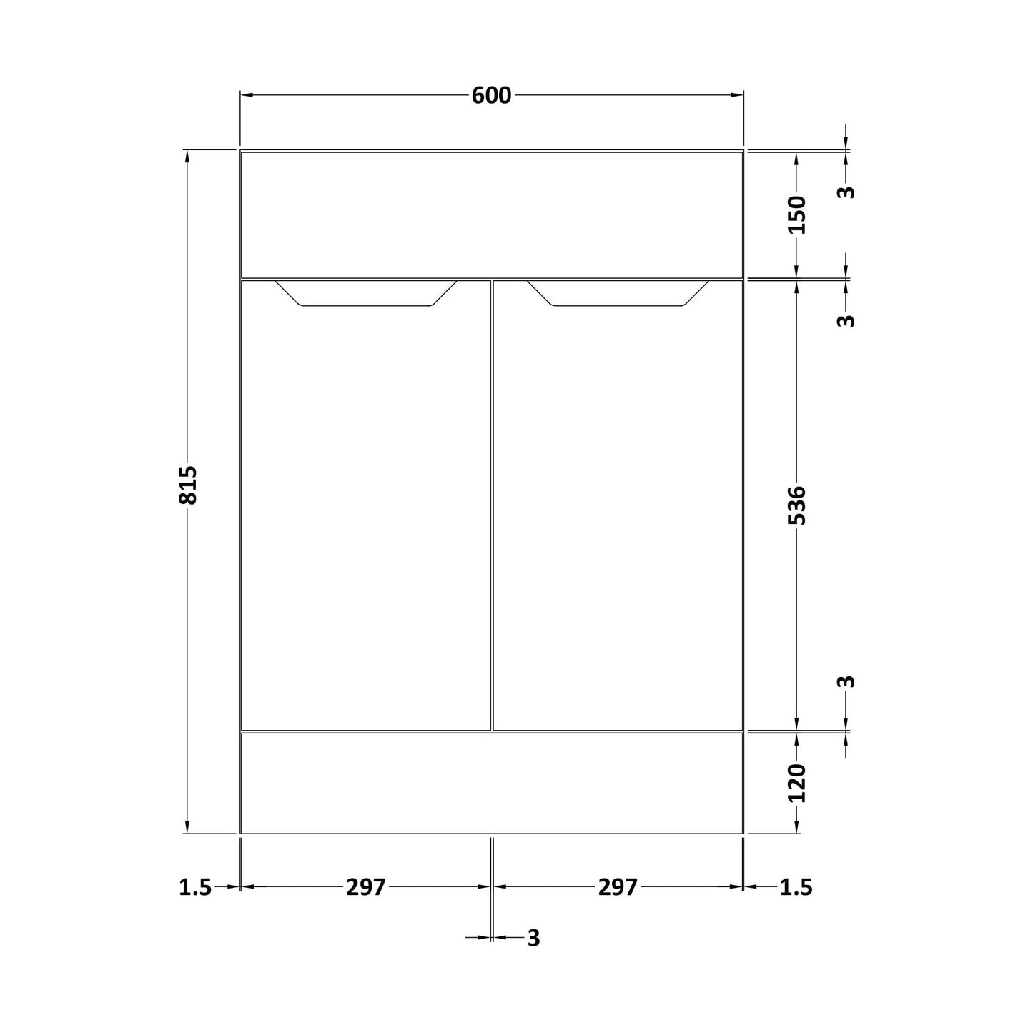 [BFFFA108] 600 Vanity Unit (335) Handless - Technical Drawing