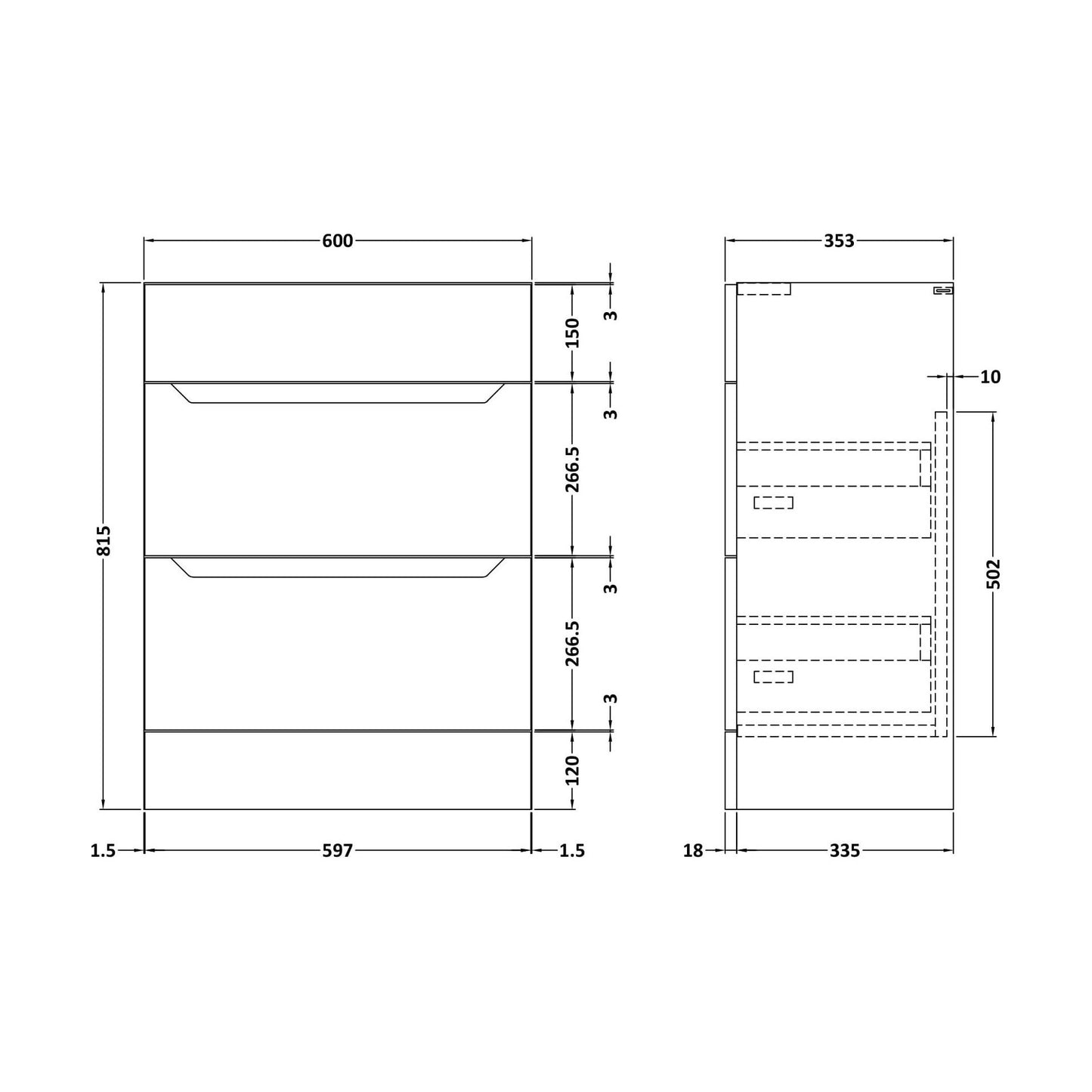[BFFFA110] 600 Drawer Unit (335) Handless - Technical Drawing