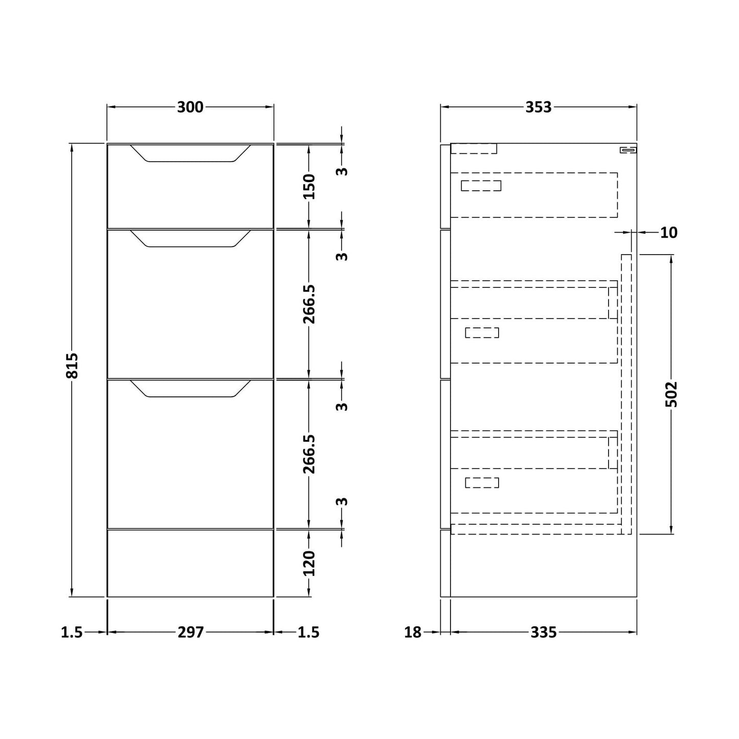 [BFFFA132] 300 Drawer Unit (335) Handless - Technical Drawing