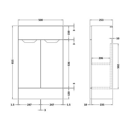 [BFFFA1405] 500 Vanity Unit (235) Handless - Technical Drawing