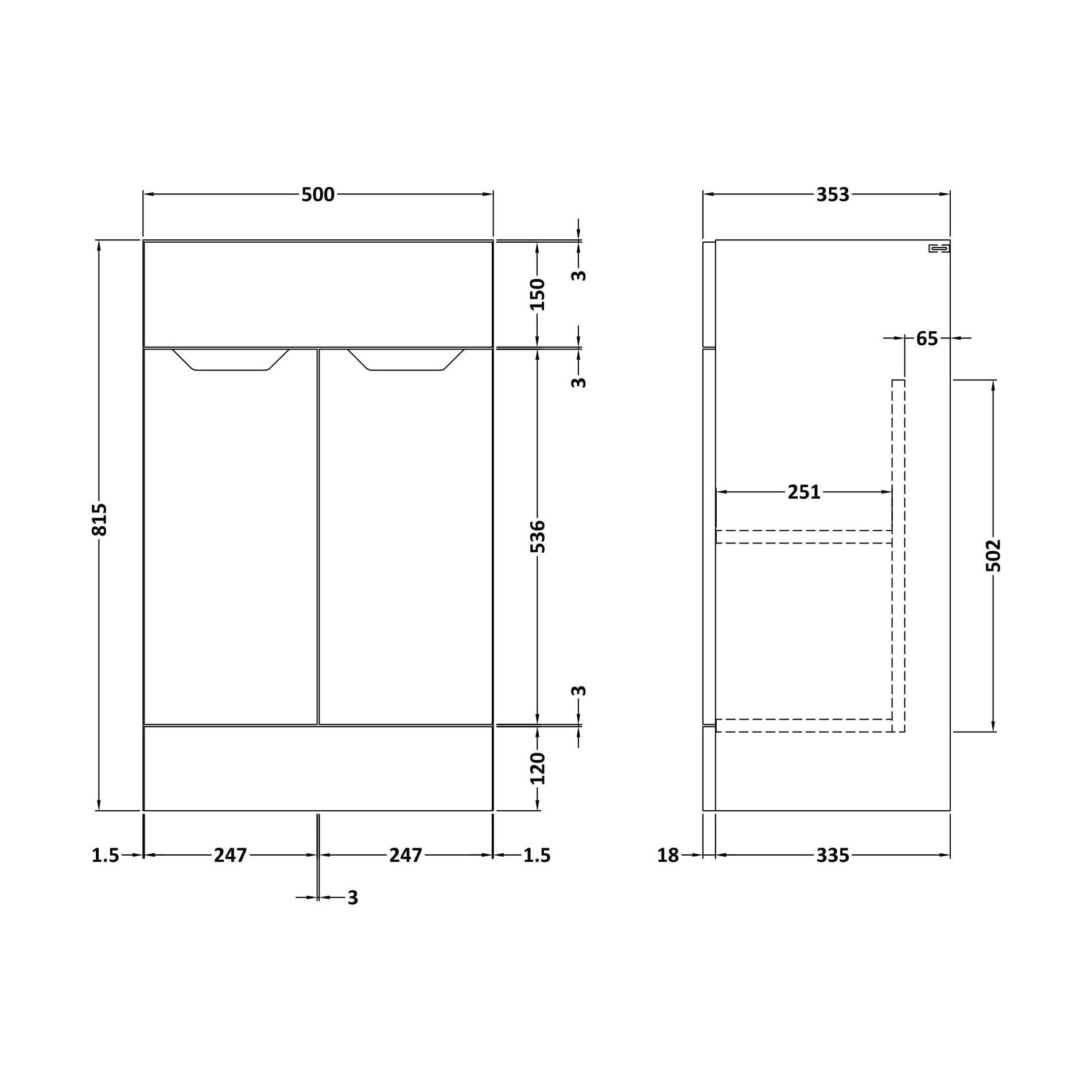 [BFFFA1406] 500 Vanity Unit (335) Handless - Technical Drawing