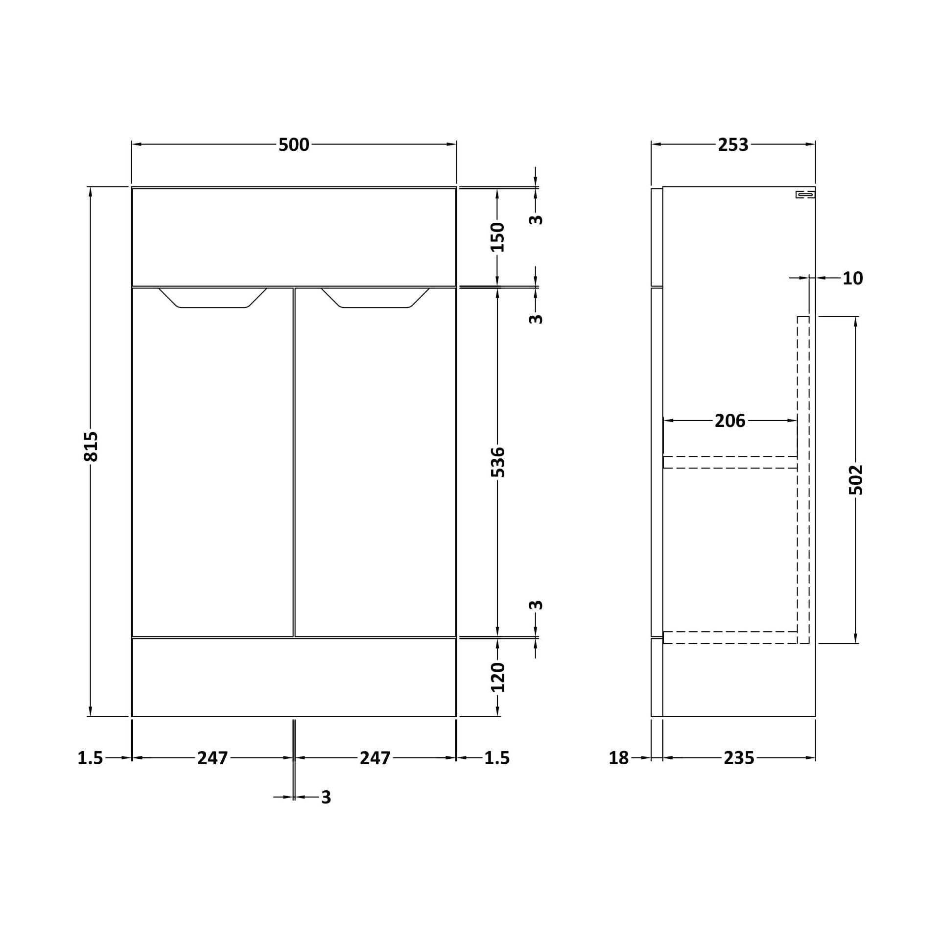 [BFFFA1805] 500 VANITY UNIT (235) HANDLESS - Technical Drawing