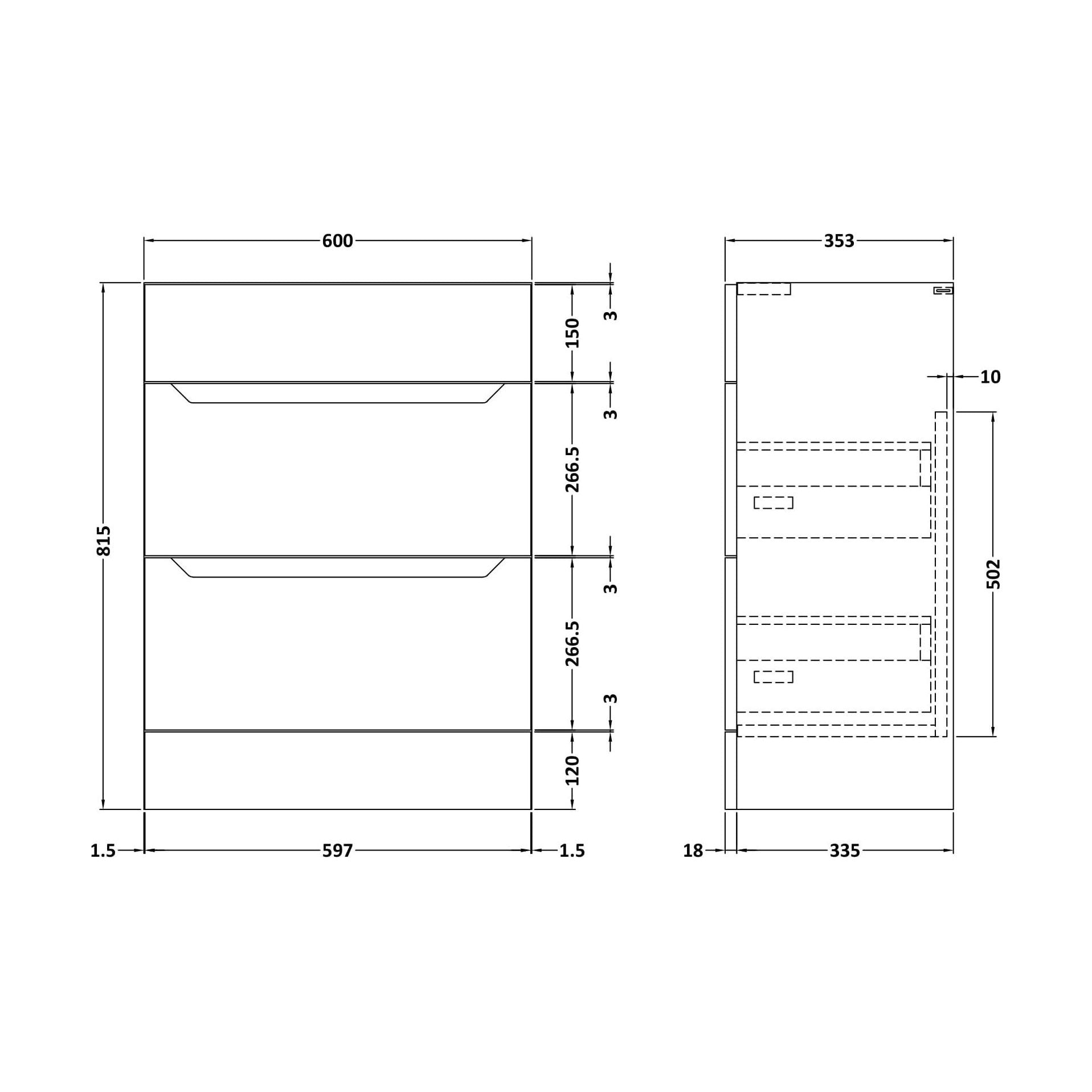 [BFFFA1810] 600 Drawer Unit (335) Handless - Technical Drawing