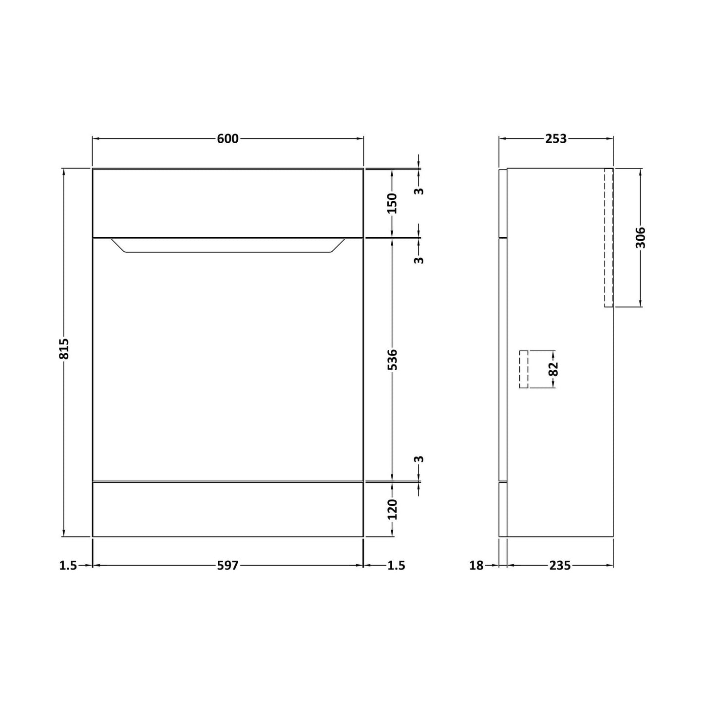 [BFFFA3147] 600 Wc Unit (235) Handless - Technical Drawing