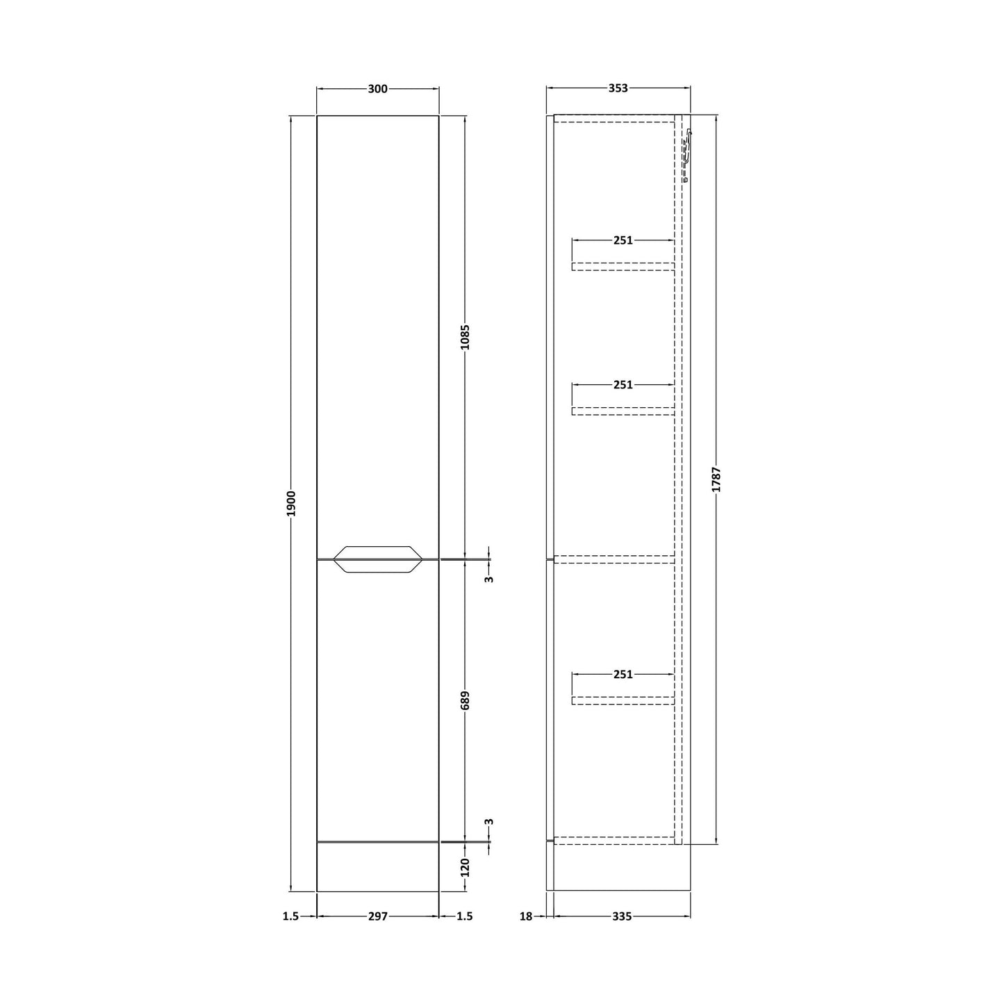 [BFFFA3163] 300 Tall Unit (335) Handless - Technical Drawing