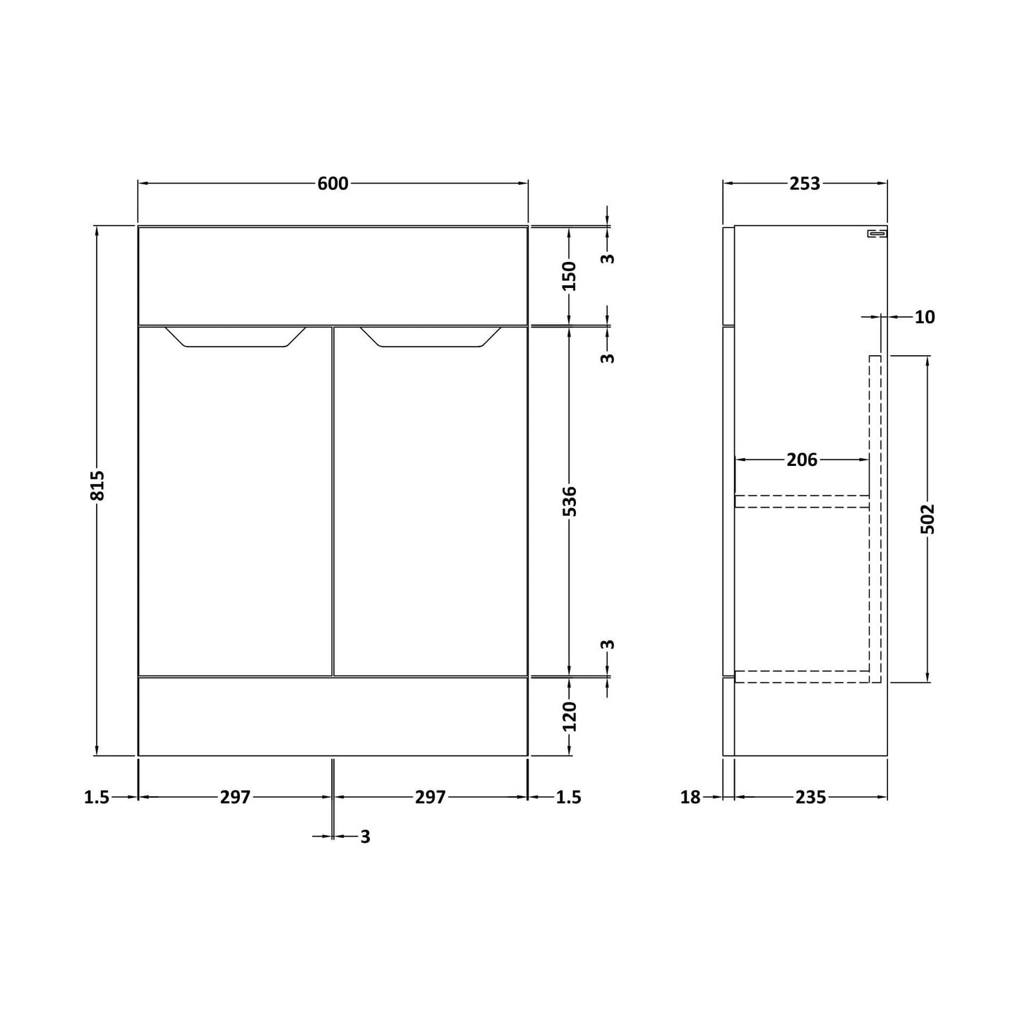 [BFFFA3207] 600 Vanity Unit (235) Handless - Technical Drawing