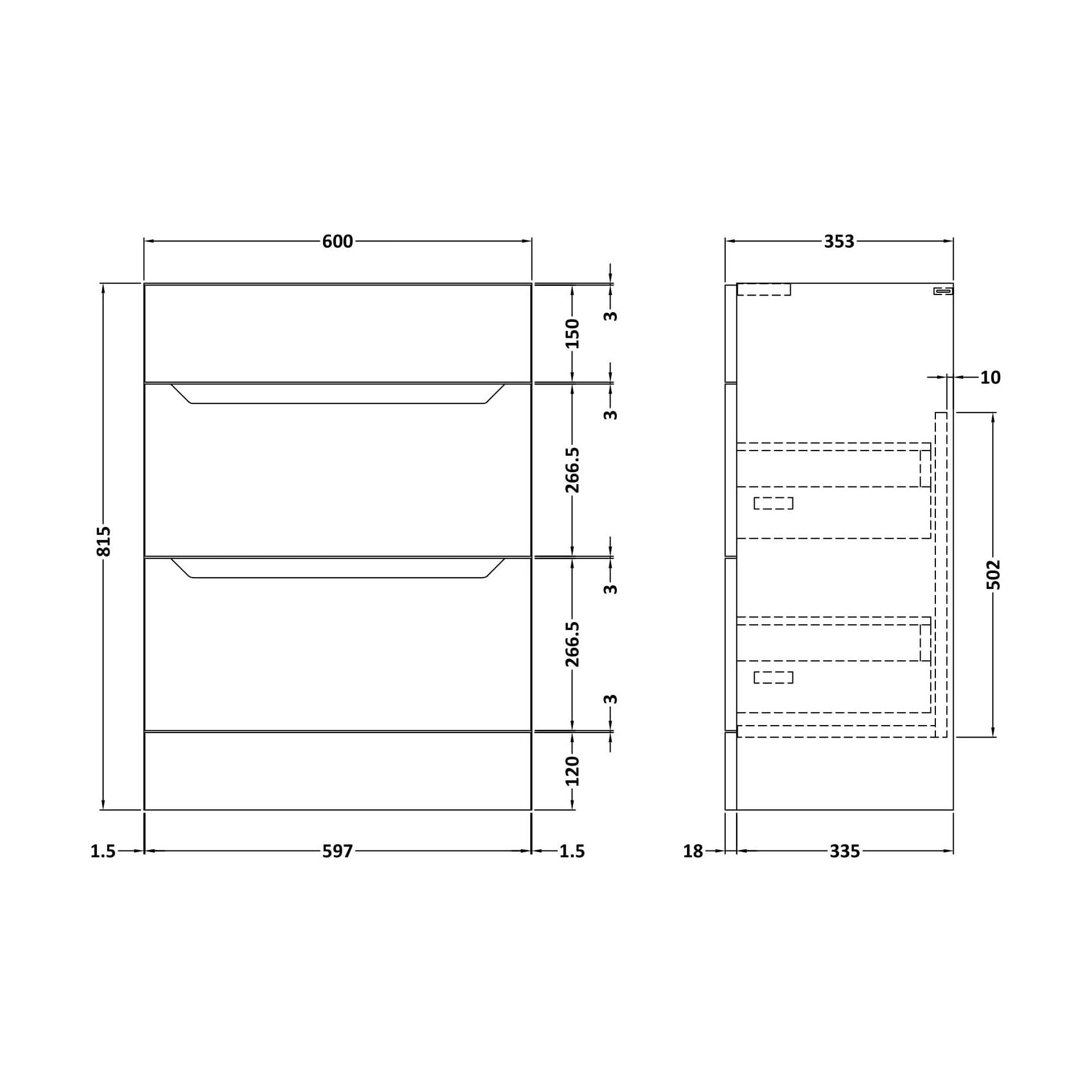 [BFFFA3210] 600 Drawer Unit (335) Handless - Technical Drawing