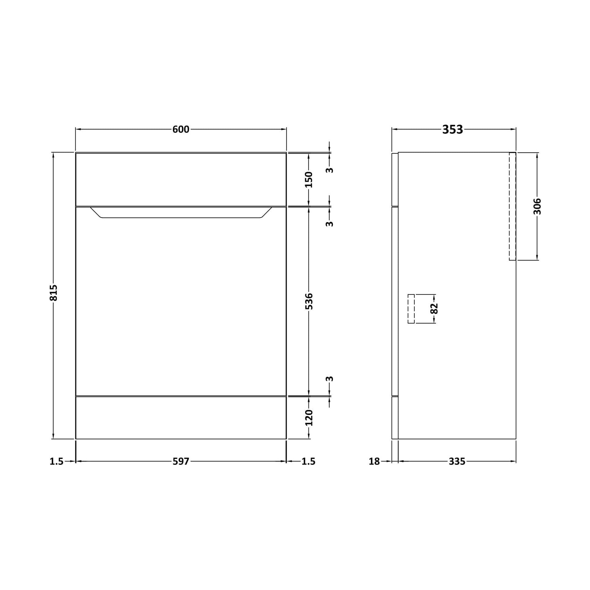 [BFFFA3248] 600 Wc Unit (335) Handless - Technical Drawing