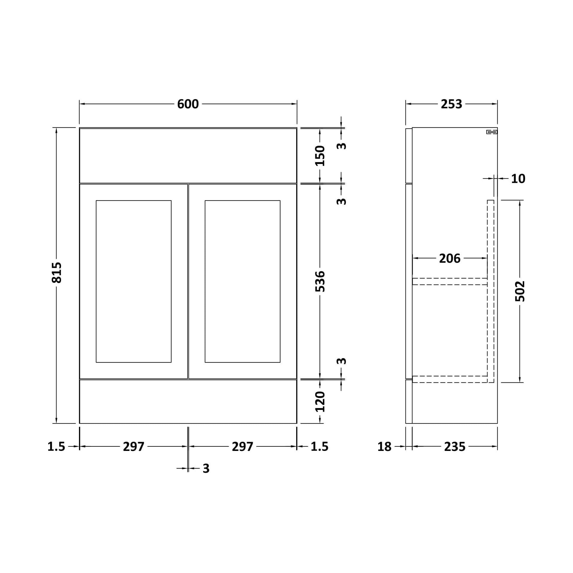 [BFFFH107] 600 Vanity Unit (235) Shaker - Technical Drawing