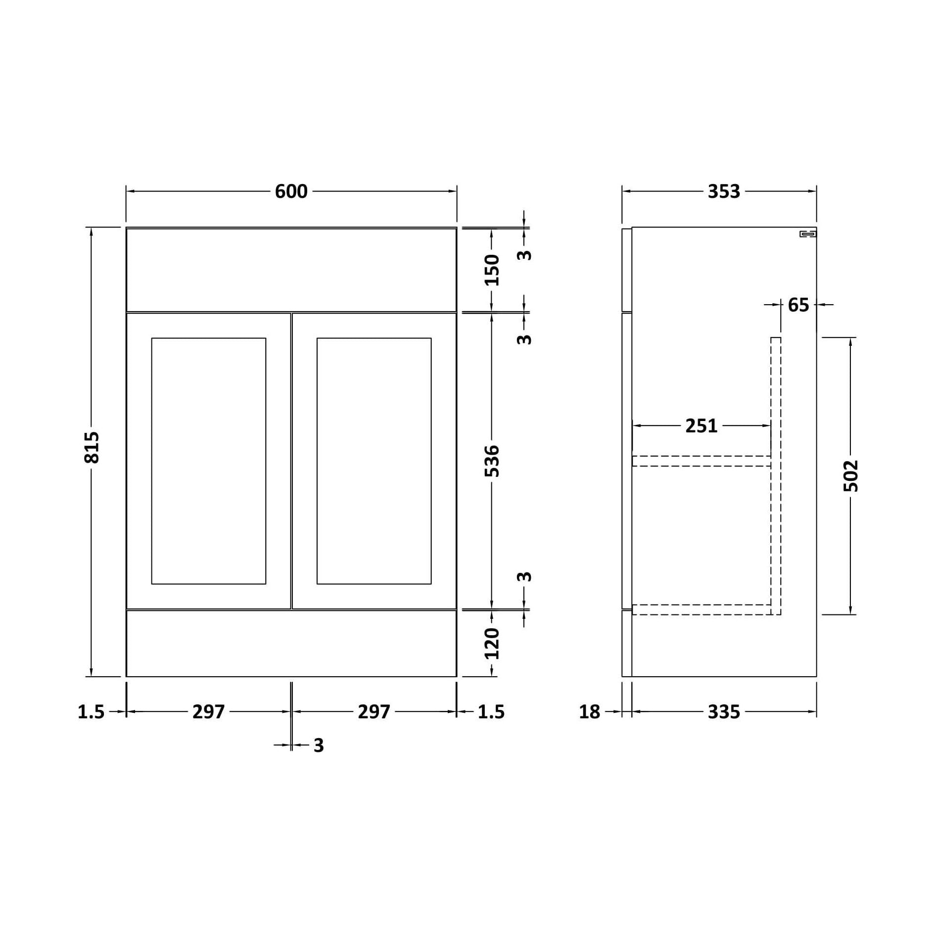 [BFFFH108] 600 Vanity Unit (335) Shaker - Technical Drawing
