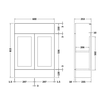 [BFFFH1807] 600 Vanity Unit (235) Shaker - Technical Drawing