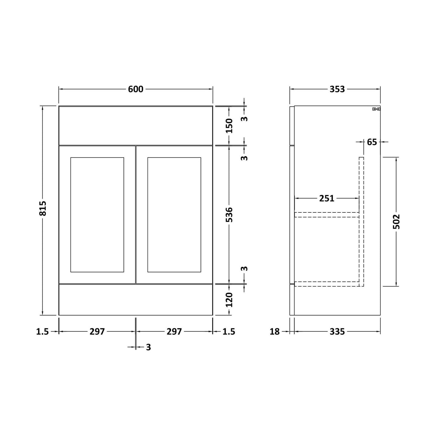 [BFFFH1808] 600 Vanity Unit (335) Shaker - Technical Drawing