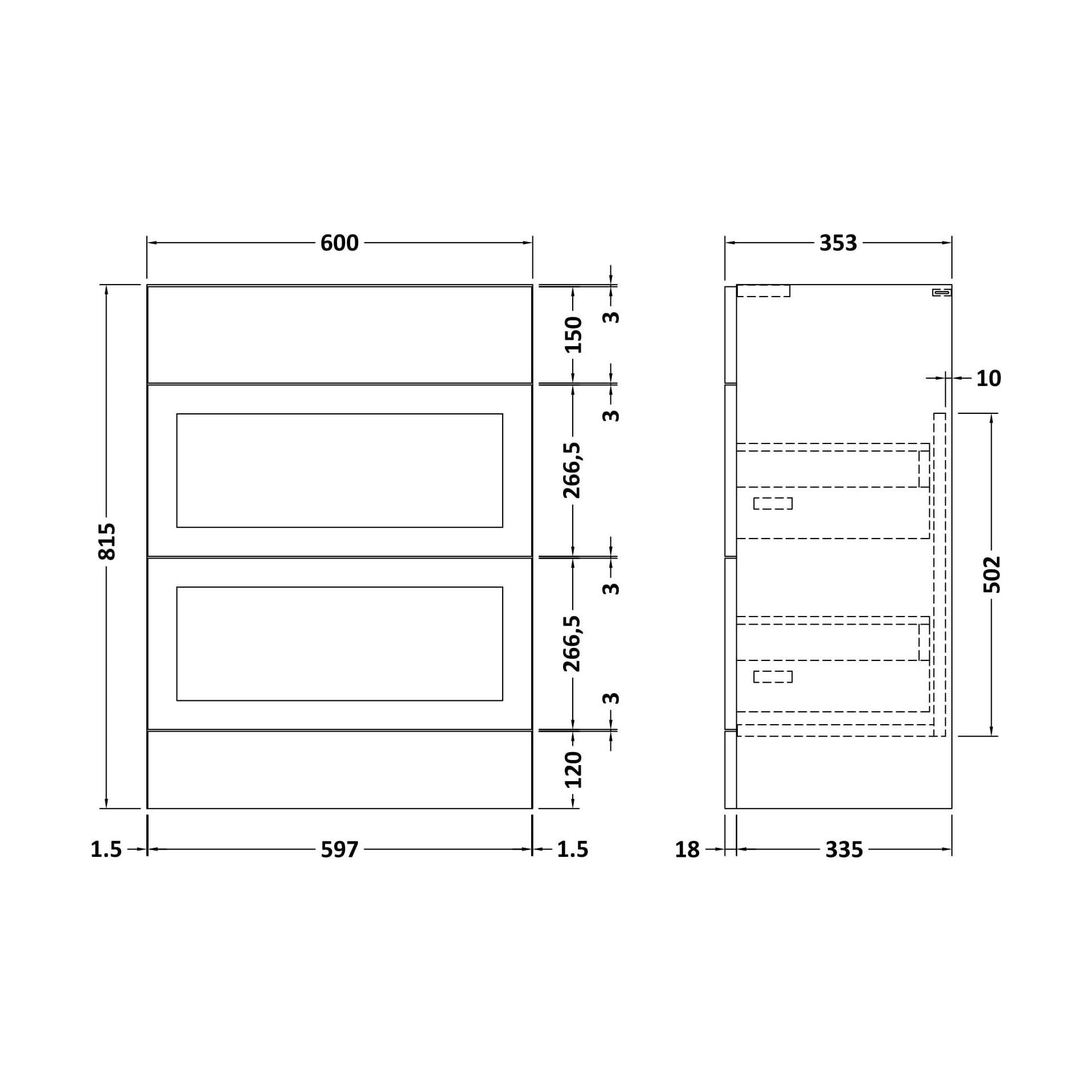 [BFFFH1810] 600 Drawer Unit (335) Shaker - Technical Drawing