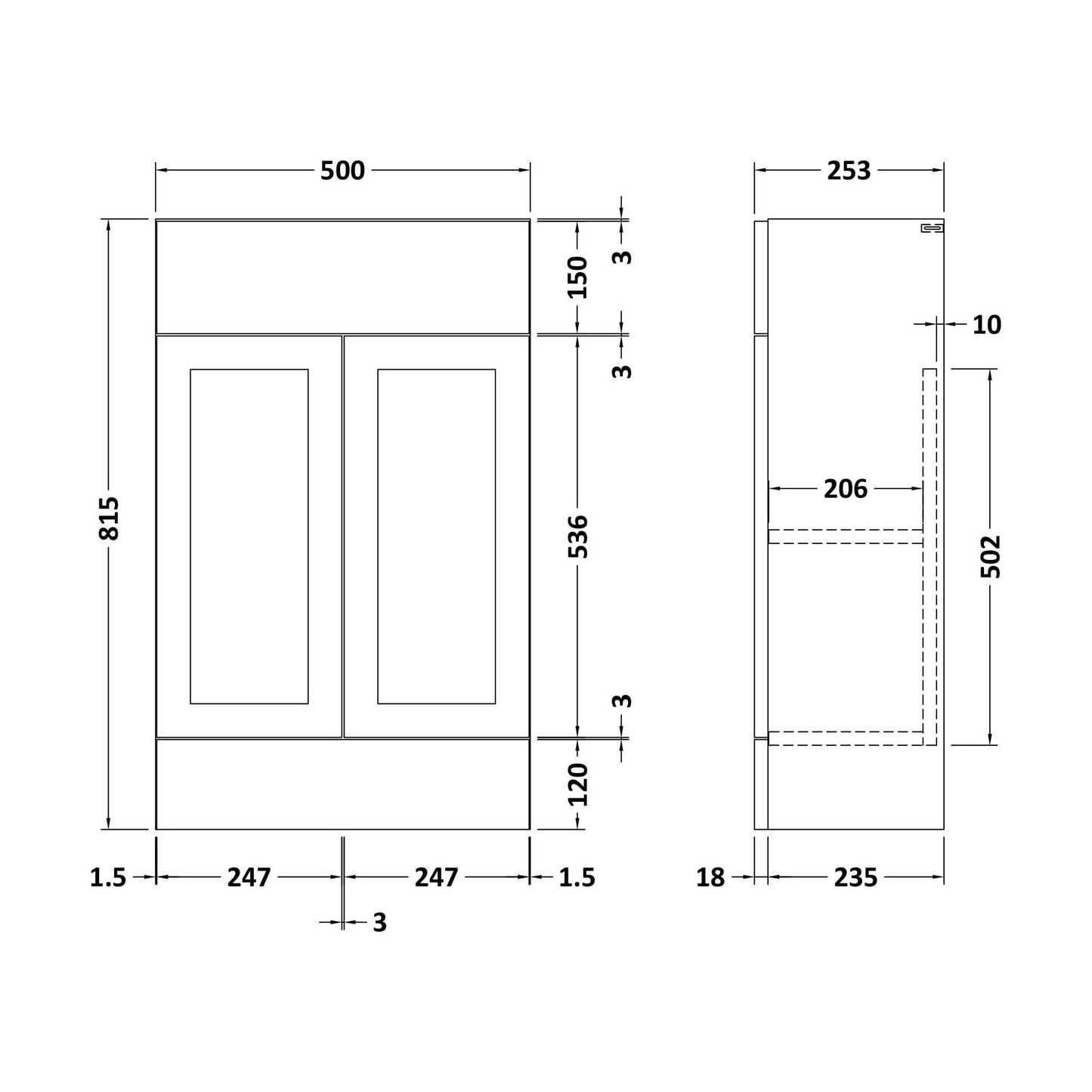 [BFFFH3105] 500 Vanity Unit (235) Shaker - Technical Drawing