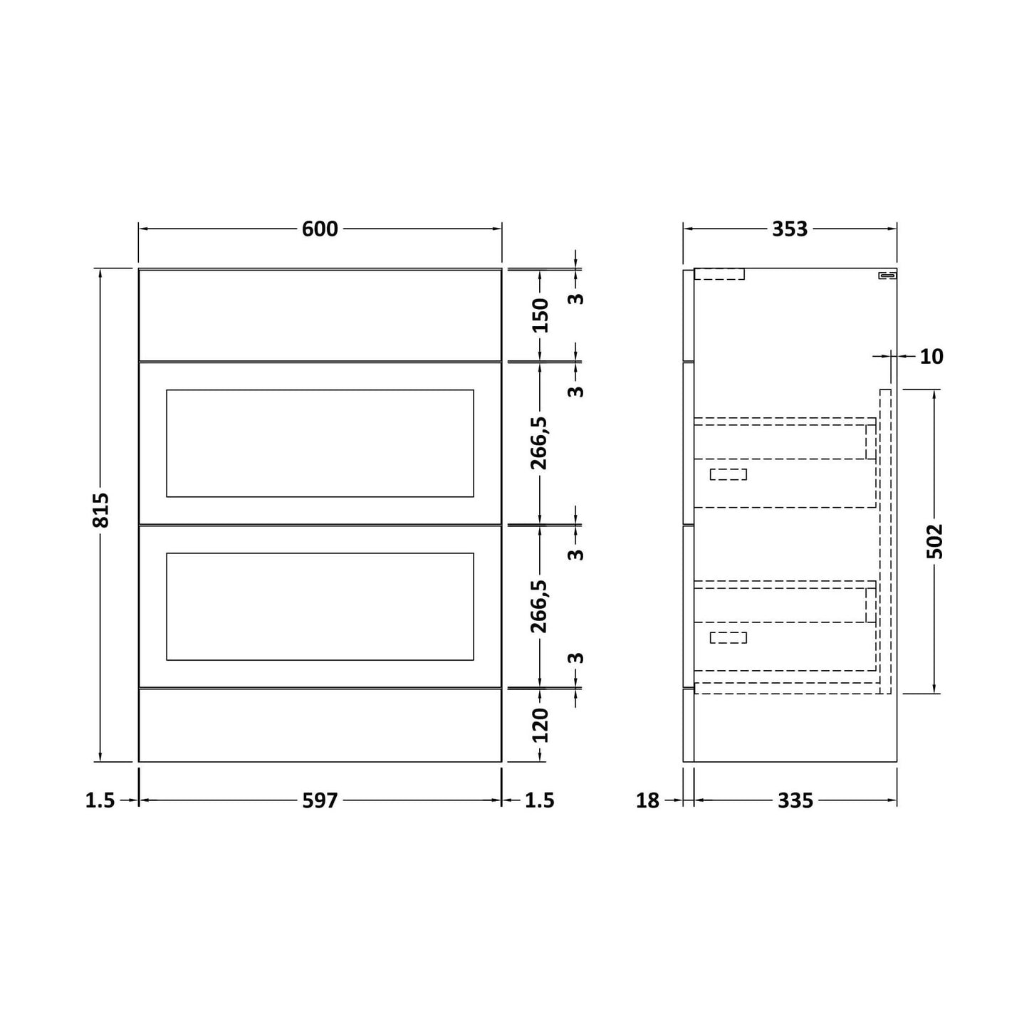 [BFFFH3110] 600 Drawer Unit (335) Shaker - Technical Drawing
