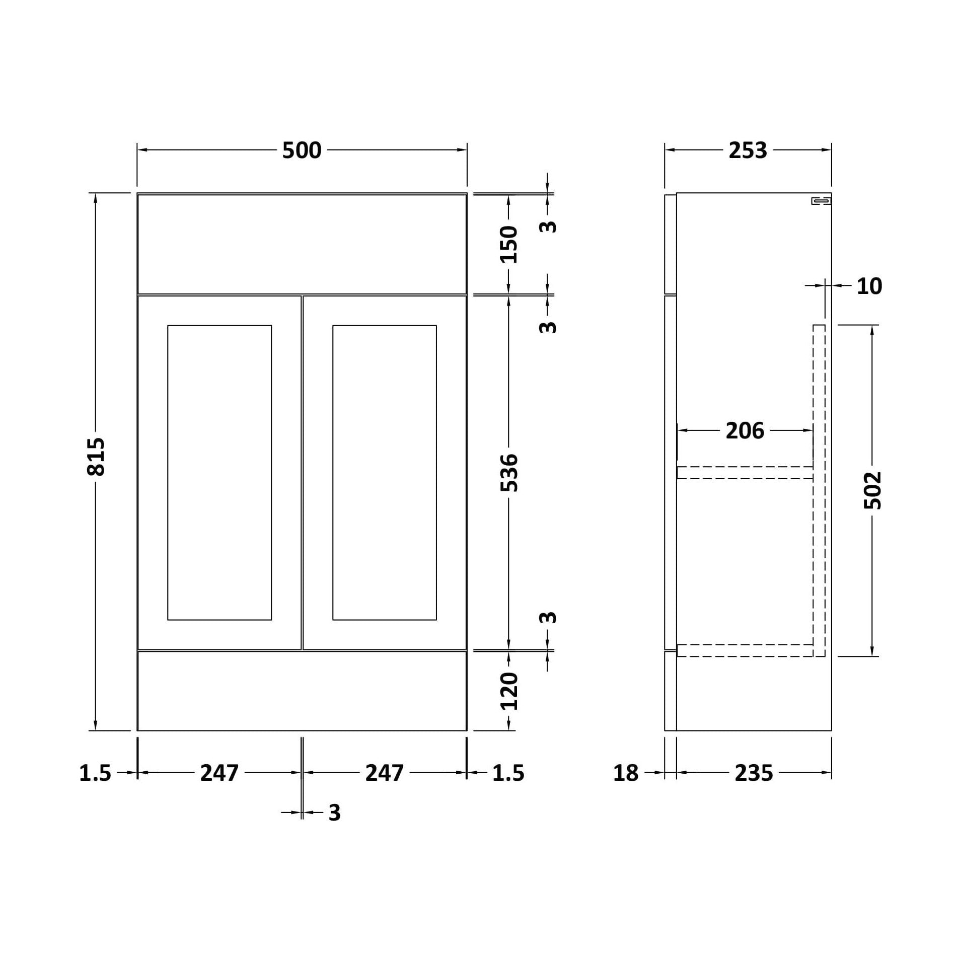 [BFFFH3205] 500 Vanity Unit (235) Shaker - Technical Drawing