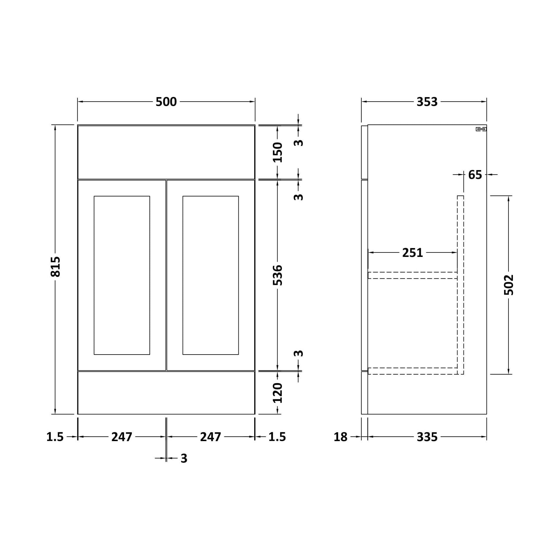 [BFFFH3206] 500 Vanity Unit (335) Shaker - Technical Drawing
