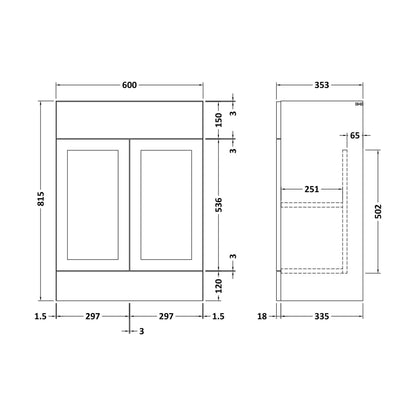 [BFFFH3208] 600 Vanity Unit (335) Shaker - Technical Drawing