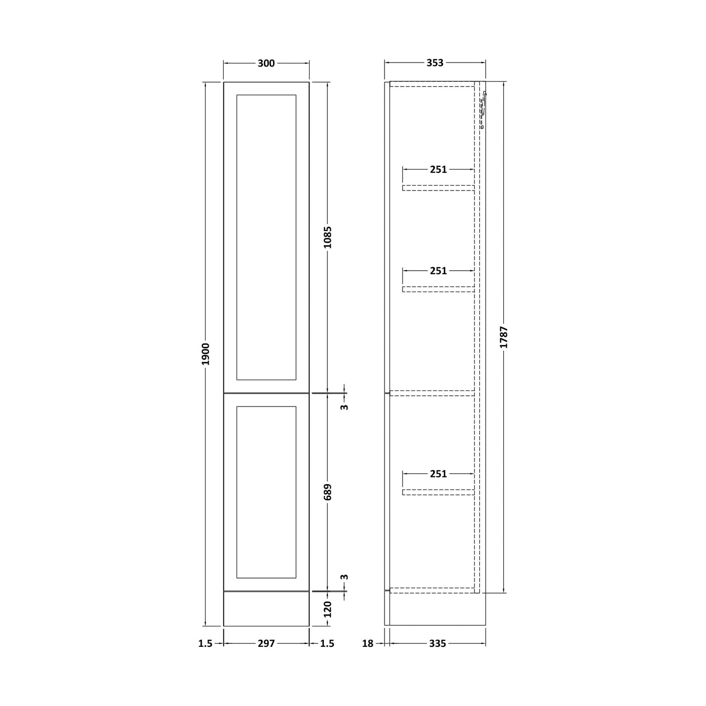 [BFFFH3263] 300 Tall Unit (335) Shaker - Technical Drawing