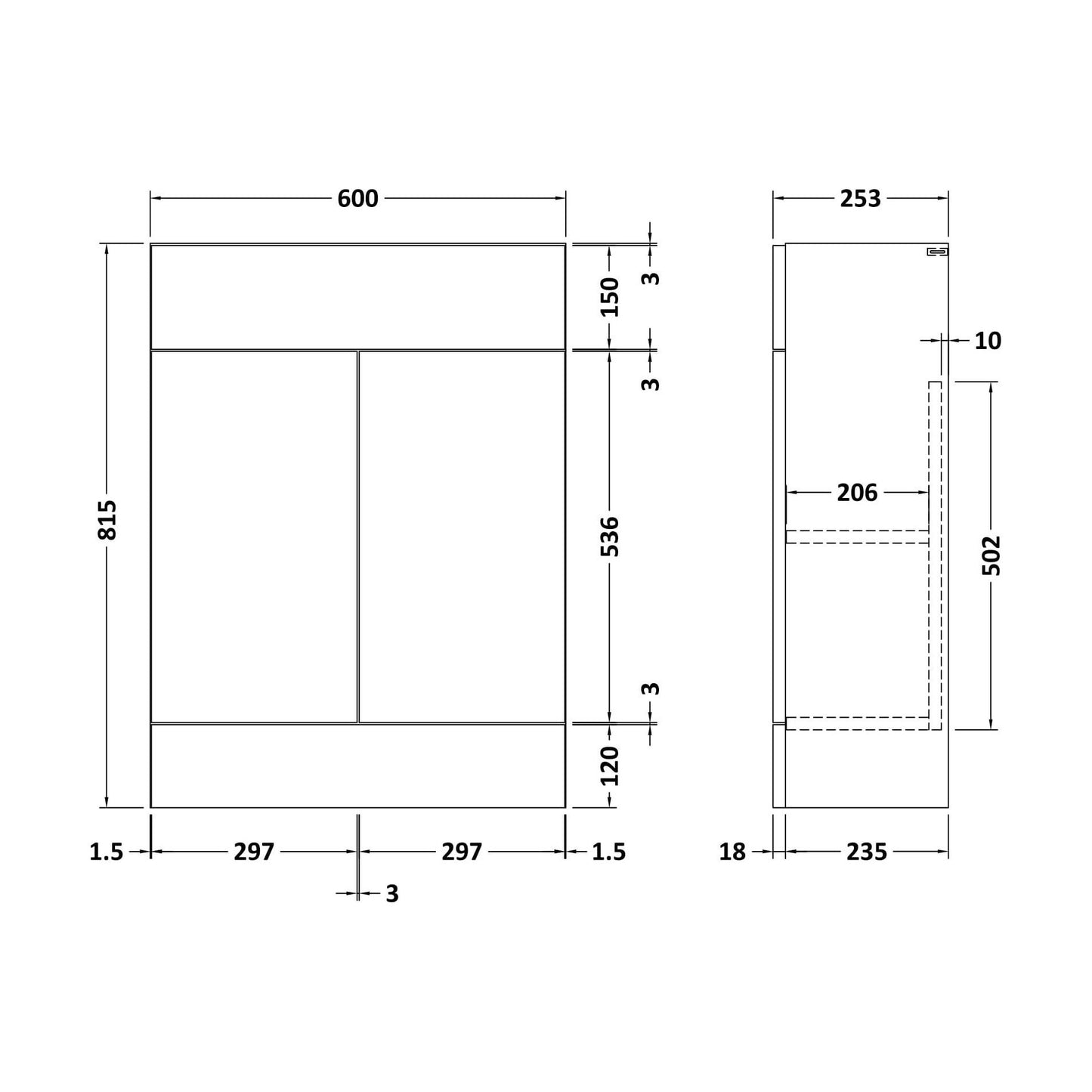 [BFFFL107] 600 Vanity Unit (235) Slab - Technical Drawing
