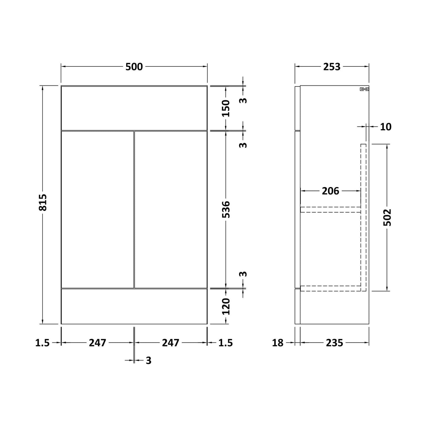[BFFFL1405] 500 Vanity Unit (235) Slab - Technical Drawing