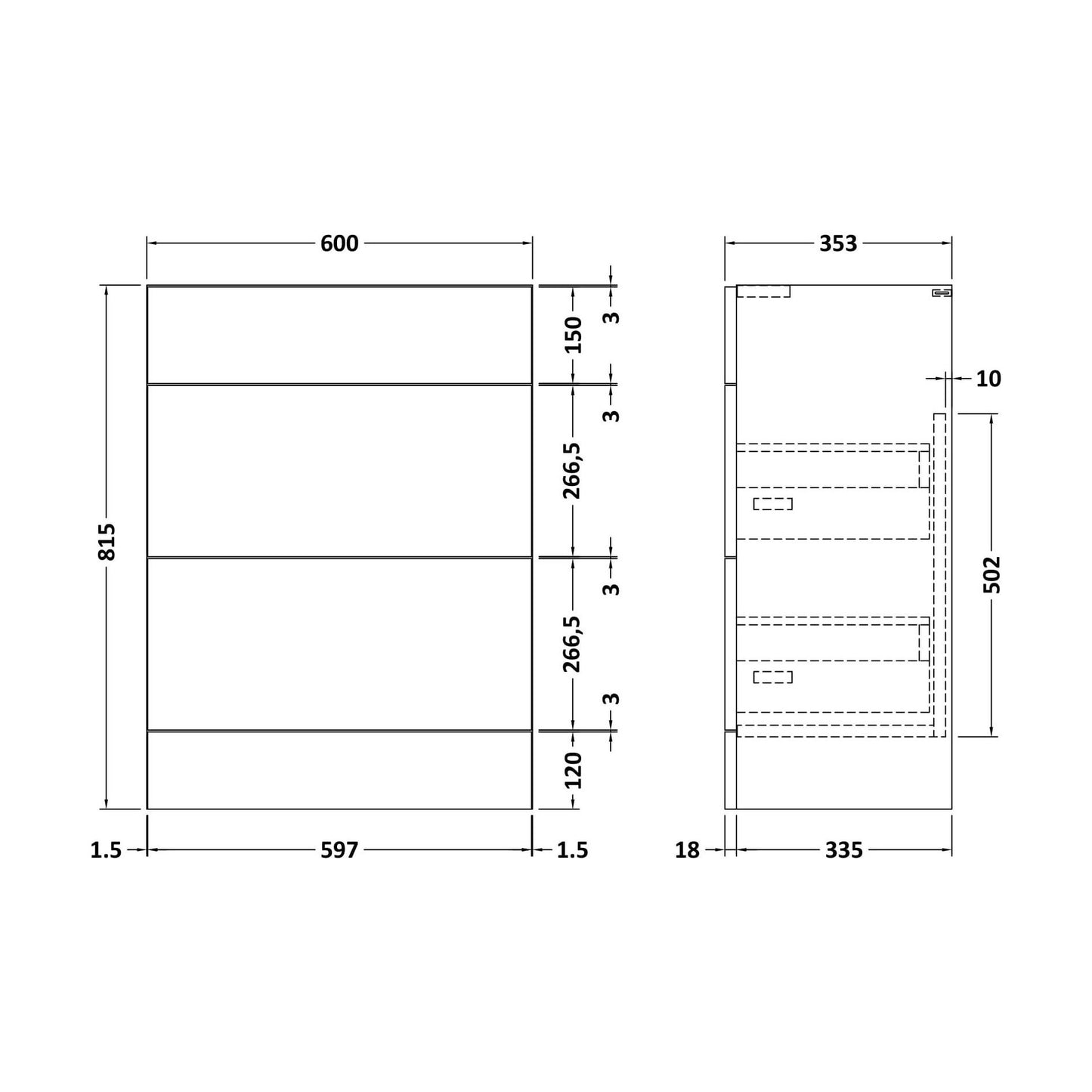 [BFFFL1810] 600 Drawer Unit (335) Slab - Technical Drawing