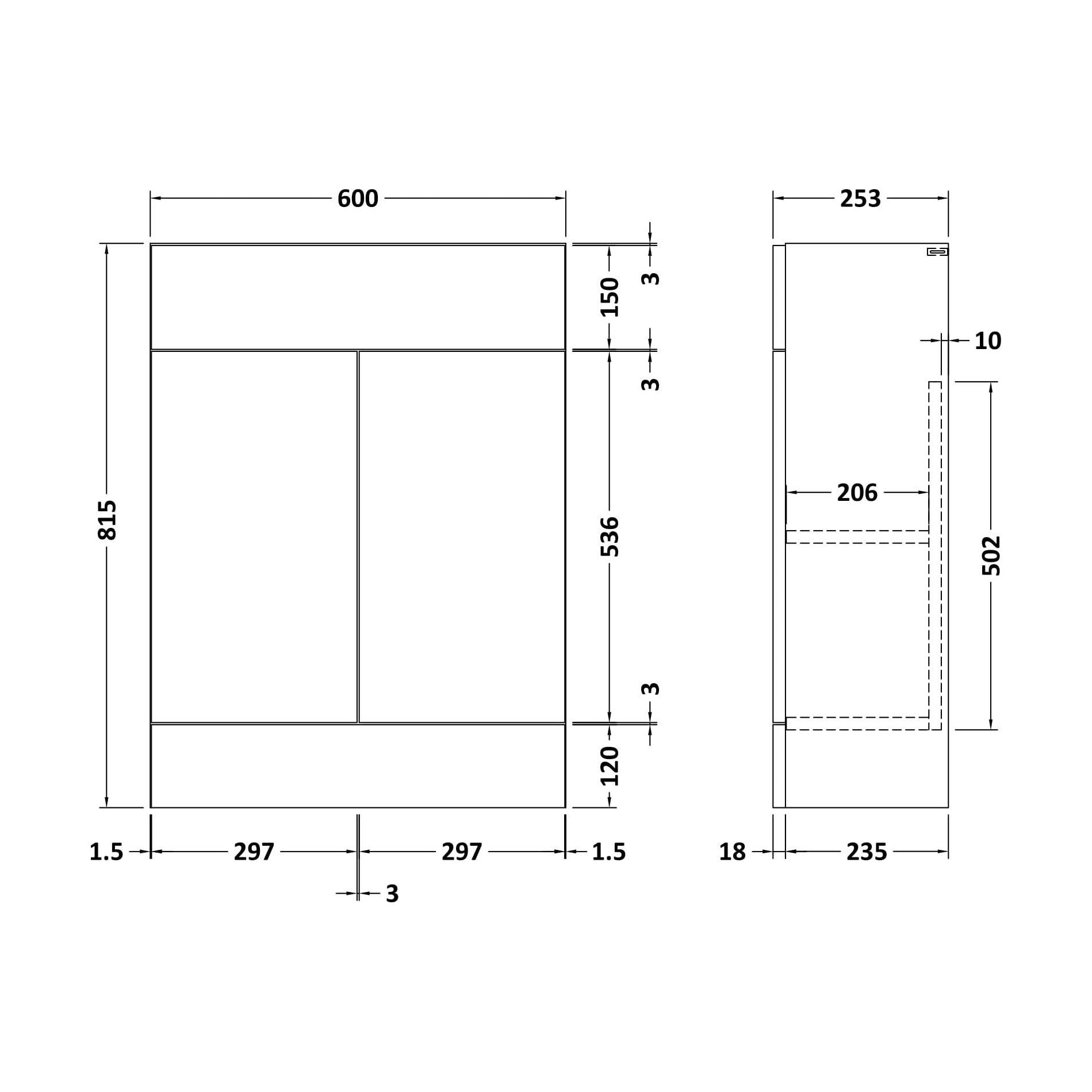 [BFFFL3207] 600 Vanity Unit (235) Slab - Technical Drawing