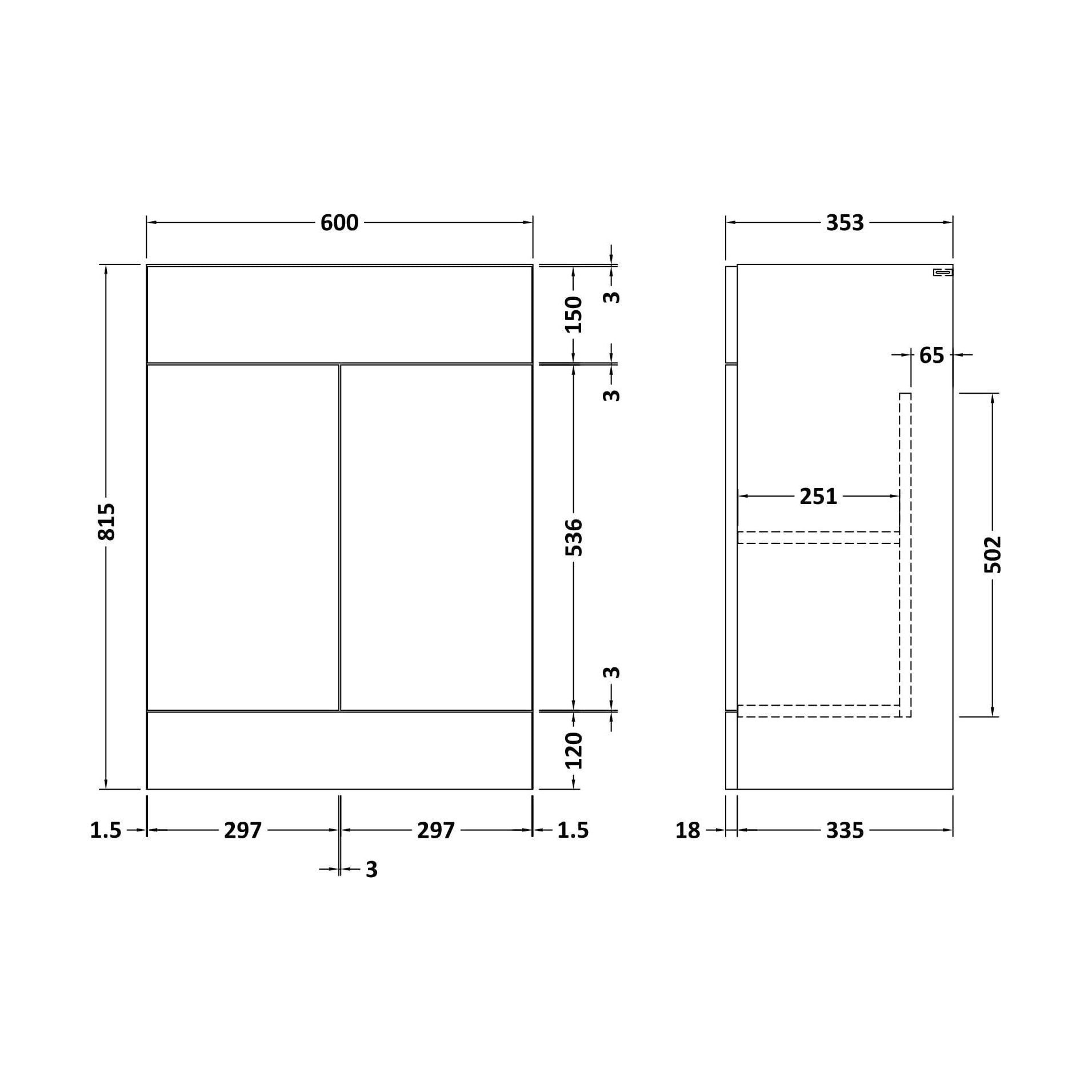 [BFFFL3208] 600 Vanity Unit (335) Slab - Technical Drawing