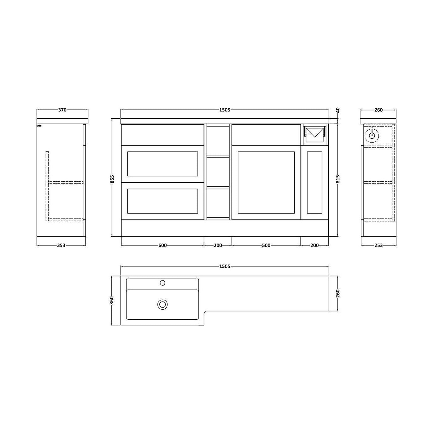 [BFFHR111L] Pirehill Traditional Floor Standing 3 Door, Open Shelf Vanity Basin WC Unit with Toilet Roll Holder and Polymarble Basin, 1500mm, Left Hand, Matt White - Technical Drawing