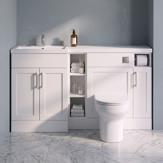 [BFFHR111L] Pirehill Traditional Floor Standing 3 Door, Open Shelf Vanity Basin WC Unit with Toilet Roll Holder and Polymarble Basin, 1500mm, Left Hand, Matt White - Silo