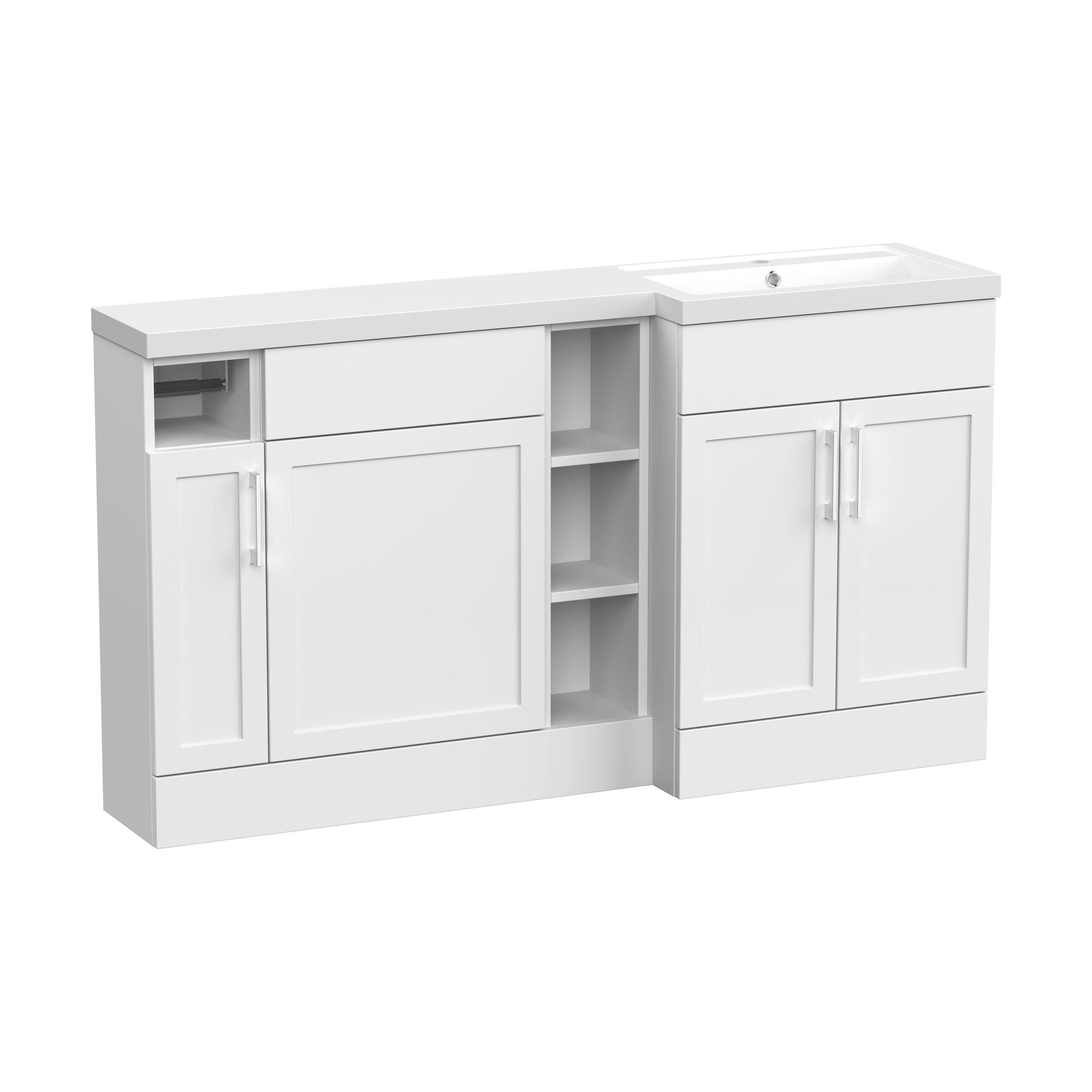 [BFFHR111R] Pirehill Traditional Floor Standing 3 Door, Open Shelf Vanity Basin WC Unit with Toilet Roll Holder and Polymarble Basin, 1500mm, Right Hand, Matt White - Cutout