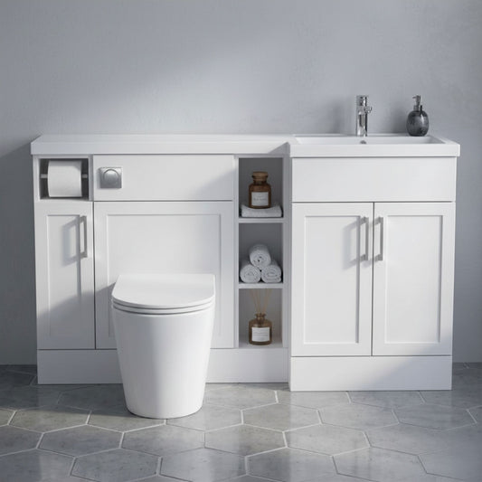 [BFFHR111R] Pirehill Traditional Floor Standing 3 Door, Open Shelf Vanity Basin WC Unit with Toilet Roll Holder and Polymarble Basin, 1500mm, Right Hand, Matt White - Silo