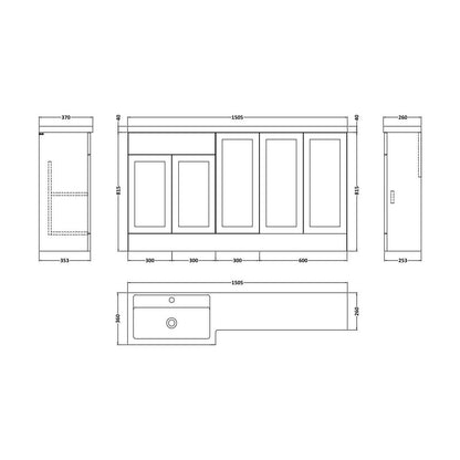 [BFFHR112L] Pirehill Traditional Floor Standing 5 Door Combination Vanity Basin Unit with Polymarble Basin, 1500mm, Left Hand, Matt White - Technical Drawing