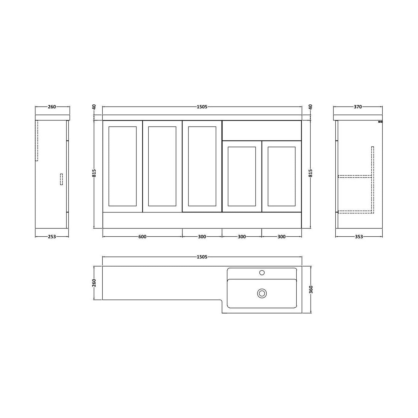 [BFFHR112R] Pirehill Traditional Floor Standing 5 Door Combination Vanity Basin Unit with Polymarble Basin, 1500mm, Right Hand, Matt White - Technical Drawing