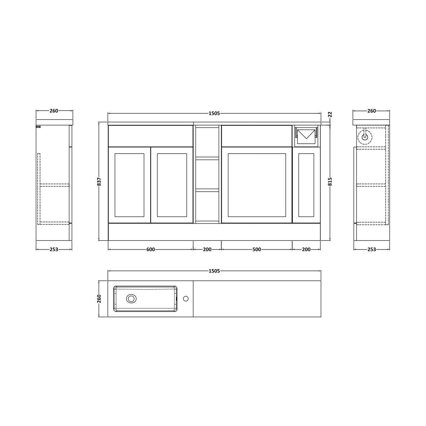 [BFFHR113] Pirehill Traditional Floor Standing Compact 3 Door Vanity Basin WC Combination Unit with Basin and Worktop, 1500mm, Matt White - Technical Drawing