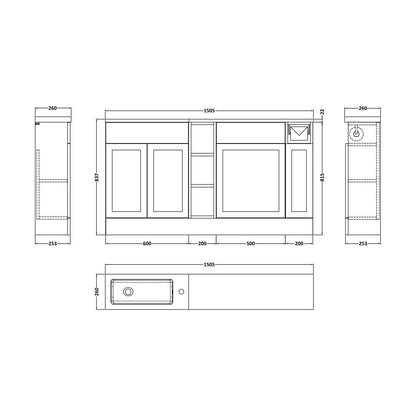 [BFFHR113] Pirehill Traditional Floor Standing Compact 3 Door Vanity Basin WC Combination Unit with Basin and Worktop, 1500mm, Matt White - Technical Drawing