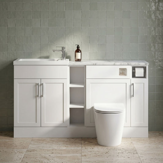 [BFFHR113] Pirehill Traditional Floor Standing Compact 3 Door Vanity Basin WC Combination Unit with Basin and Worktop, 1500mm, Matt White - Silo