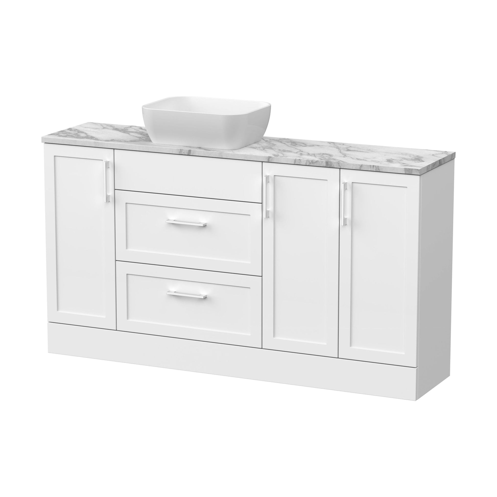 [BFFHR114] Pirehill Traditional Floor Standing 2 Drawer 3 Door Combination Vanity Basin Unit with Worktop and Countertop Vessel, 1500mm, Matt White - Cutout