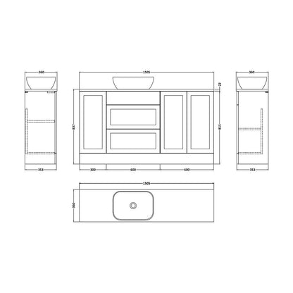 [BFFHR114] Pirehill Traditional Floor Standing 2 Drawer 3 Door Combination Vanity Basin Unit with Worktop and Countertop Vessel, 1500mm, Matt White - Technical Drawing