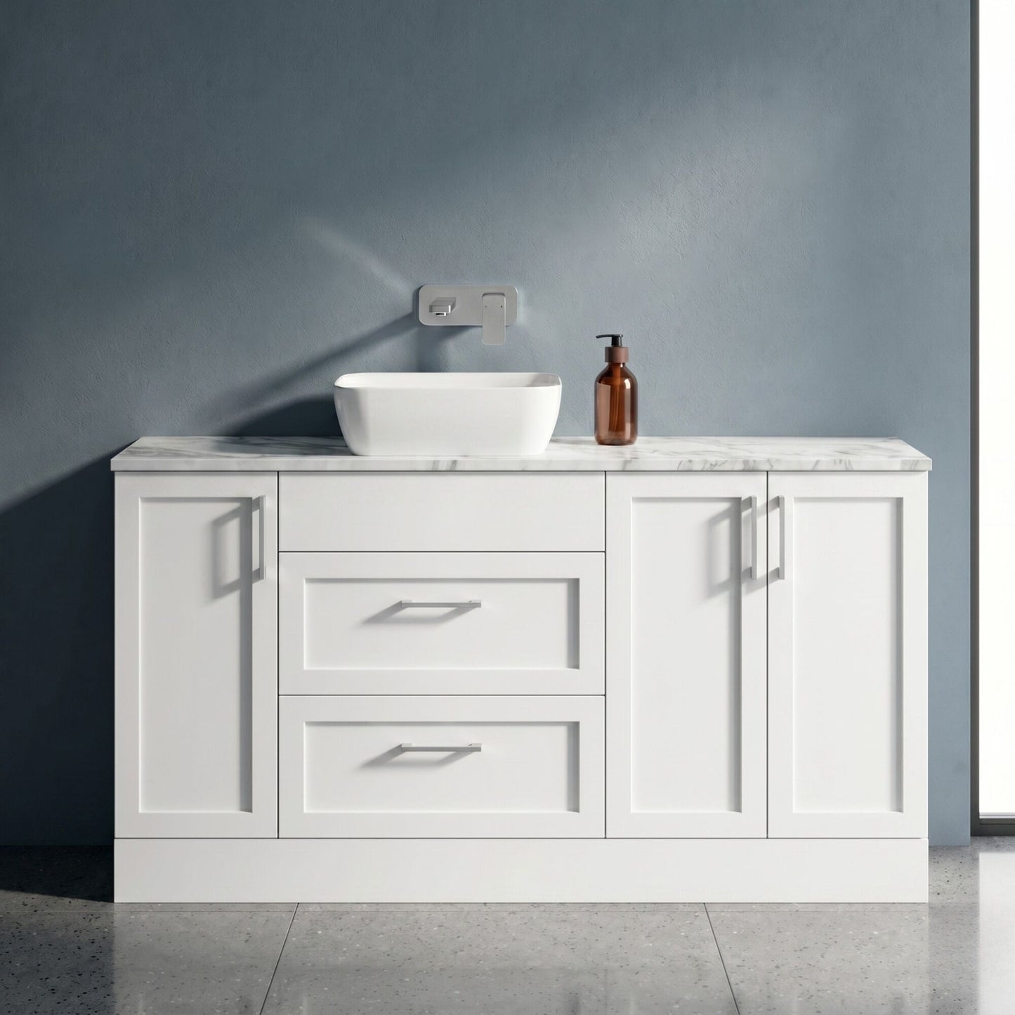 [BFFHR114] Pirehill Traditional Floor Standing 2 Drawer 3 Door Combination Vanity Basin Unit with Worktop and Countertop Vessel, 1500mm, Matt White - Silo