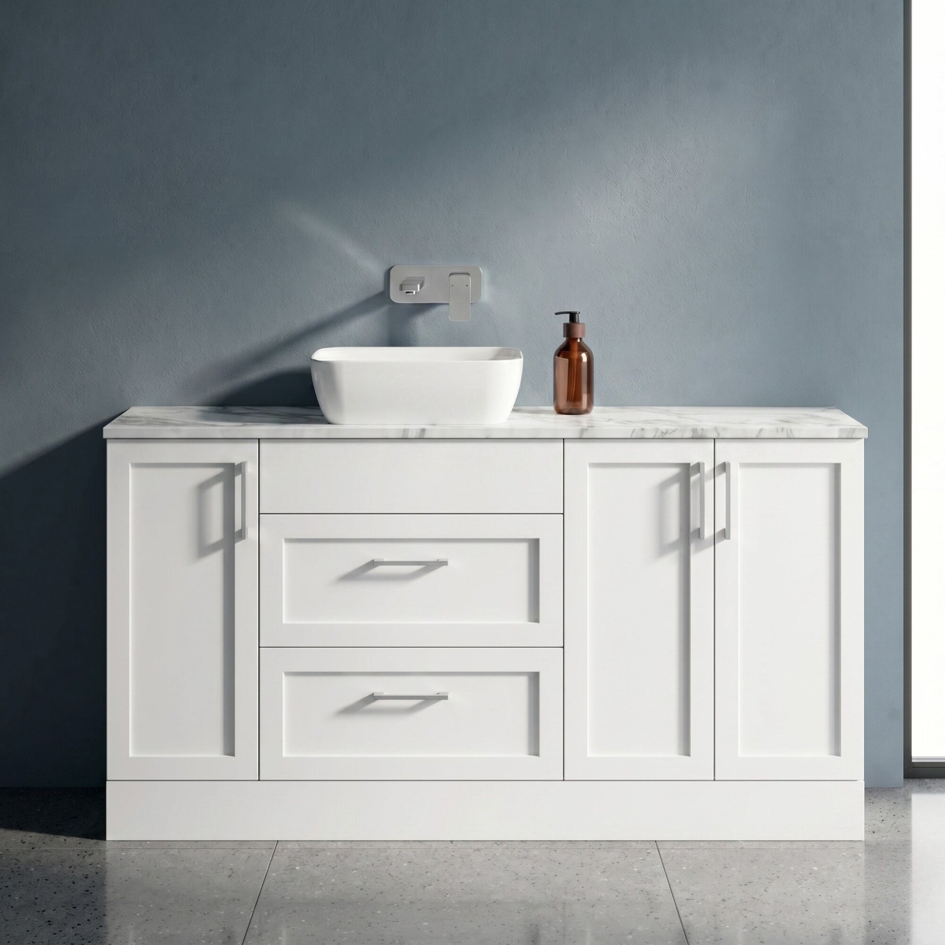 [BFFHR114] Pirehill Traditional Floor Standing 2 Drawer 3 Door Combination Vanity Basin Unit with Worktop and Countertop Vessel, 1500mm, Matt White - Silo
